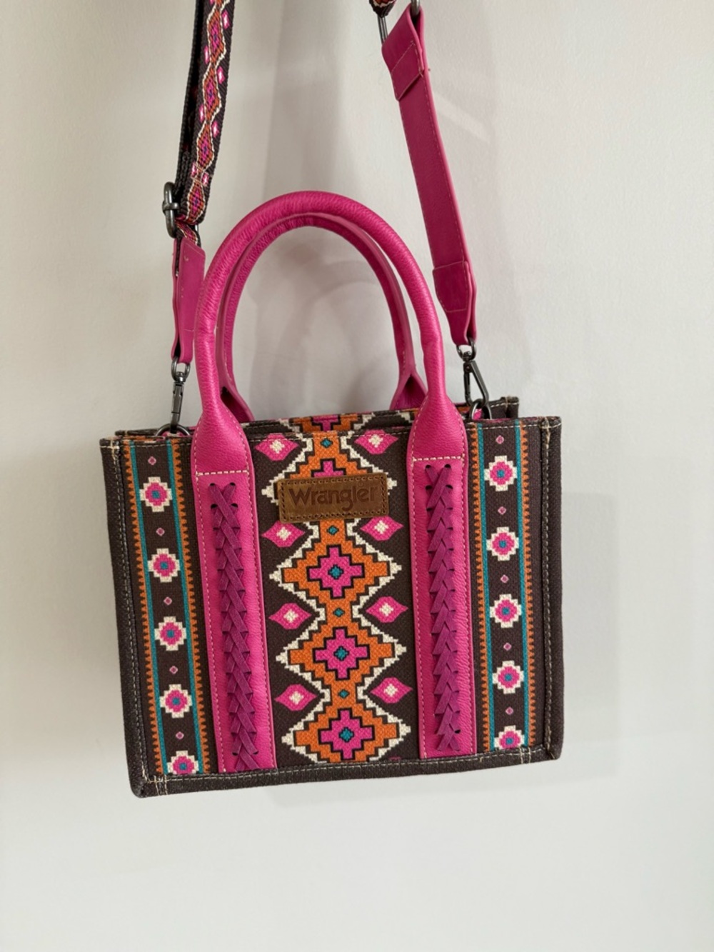 Wrangler Women's Southwestern Print Canvas Crossbody Tote Bag - Hot Pink/Brown - Picture 2 of 12